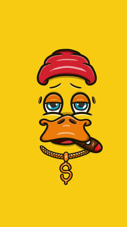 Cute Cartoon Yellow Duck Face With Relax Expression. Vector Poster Wallpaper Background. Vector and...