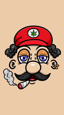 Cute Cartoon Doodle Mario Face With Relax Expression and Smooking. Vector Poster Wallpaper Background. Vector and Illustration.のイラスト素材