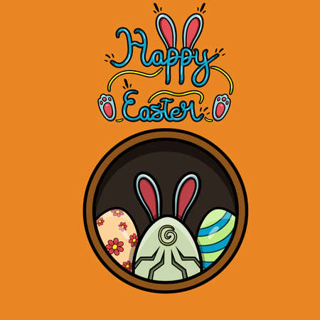 Mascot Three Eggs Cartoon  Logo And Happy Easter Font. Happy Easter Theme. Vector and Illustrationのイラスト素材