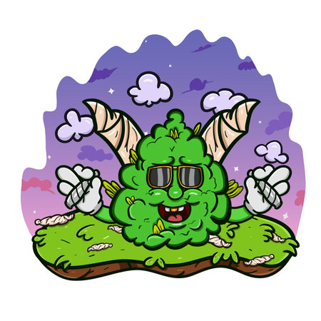Cartoon Mascot Of Weed Bud With Cigarette on Afternoon Garden. Vector And Illustrationのイラスト素材