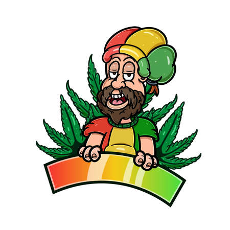 Cartoon Mascot of Bearded Boy With Reggae Style and Cannabis Leaf. Vector and Illustration.のイラスト素材