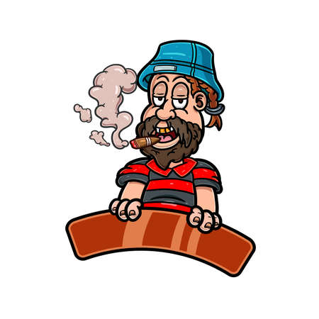 Cartoon Mascot of Bearded Boy With Smoking and Wear Hat. Vector and Illustration.のイラスト素材