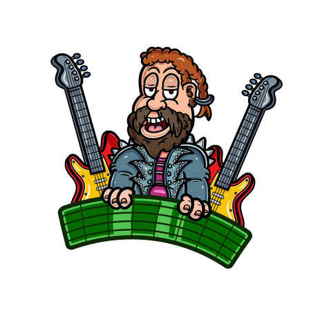 Cartoon Mascot of Bearded Boy with Guitar. Good For Guitar Business. Vector and Illustration.のイラスト素材