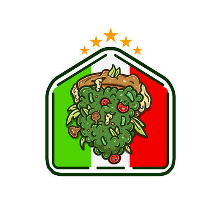 Cartoon Mascot of Weed Bud Pizza Logo with Stars and Italy Background. Vector and Illustration.のイラスト素材