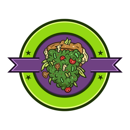Cartoon Mascot of Weed Bud Pizza Logo With Circle Ribbon. Vector and Illustration.のイラスト素材