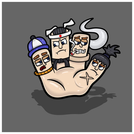 Cartoon Character Four Cute Faces In Hand. Rappers. Taekwondo, Smoker And Samurai. With Simple Gradients. Vectors And Illustrationsのイラスト素材
