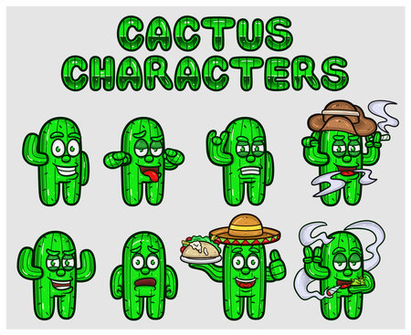 Set Of Cactus Cartoon Mascot Characters. With Simple Gradients. Vectors And Illustrations.のイラスト素材