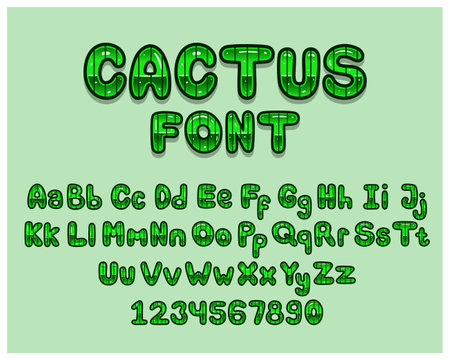 Latin Alphabet Made Of Green Cactus Cartoon. English Letters From A to Z. Vector font for Label, Greeting Card, Lettering and Logo. Vectors and Illustrations.のイラスト素材