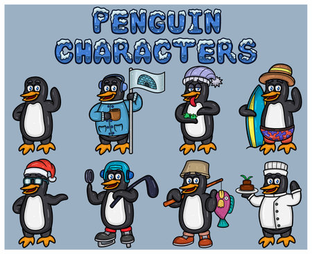 Set Of Penguin Cartoon Mascot Characters. With Simple Gradients. Vectors and Illustrations.のイラスト素材