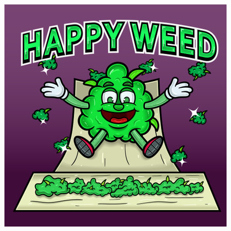 Cartoon Mascot of Weed Bud On Cigarette Paper, Happy Weed and Slide Down. Perfect For Label, Cover, Packaging, and Product Design. Vectors and Illustrations.のイラスト素材