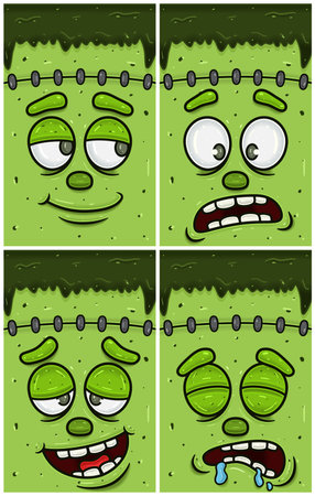 Hopeful, Disbelieving, High And  Sleepy Expression of Frankenstein Face Character Cartoon. Wallpaper, Cover, Label and Packaging Design Set. Vector Illustrationのイラスト素材