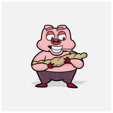 Pig Character Cartoon With Happy, Smoking and Bring Baby Cigarette. Vectors and Illustrations.のイラスト素材