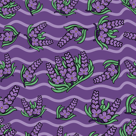 Lavender Flower Seamless Pattern in Cartoon Style. Perfect For Background, Backdrop, Wallpaper and Cover Packaging. Vector Illustration.のイラスト素材