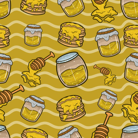 Honey Seamless Pattern in Cartoon Style. Perfect For Background, Backdrop, Wallpaper and Cover Packaging. Vector Illustration.のイラスト素材