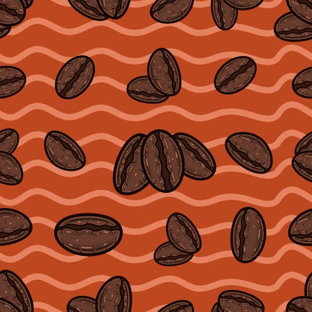 Coffee Bean Seamless Pattern in Cartoon Style. Perfect For Background, Backdrop, Wallpaper and Cover Packaging. Vector Illustration.のイラスト素材