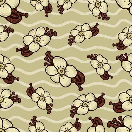 Vanilla Flower Seamless Pattern in Cartoon Style. Perfect For Background, Backdrop, Wallpaper and Cover Packaging. Vector Illustration.のイラスト素材
