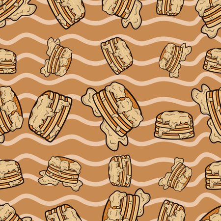 Pancakes Seamless Pattern in Cartoon Style. Perfect For Background, Backdrop, Wallpaper and Cover Packaging. Vector Illustration.のイラスト素材