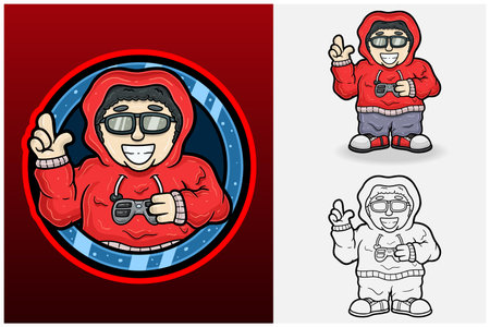 Boy Gamer Mascot Character in Circle. Vector Illustration.のイラスト素材