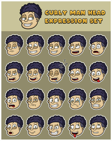 Mascot Character Cartoon of Curly Man Head Expression Set. With white skin and hair style. Vector Illustrations.のイラスト素材
