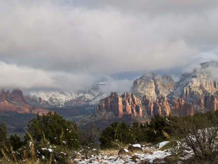 View from the north end of Sedona, Airpor, Sedona, Arizona during a snowstormの写真素材