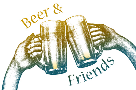 Friendship beer party illustration. Hands hold beer mugs. Image template for holiday beer fest poster.のイラスト素材
