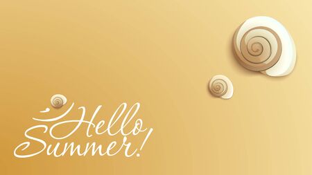 Sea party illustration. Summer time. Sea shells on the sand with lettering block.のイラスト素材