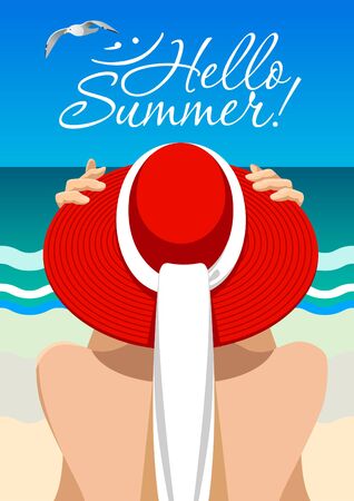 Sea relax illustration. Summer time. Woman silhouette in red hat on the seaside background.のイラスト素材
