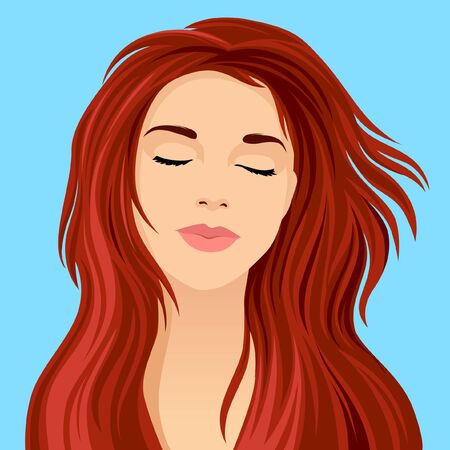 Woman character face illustration. Red hair style on the wind.のイラスト素材
