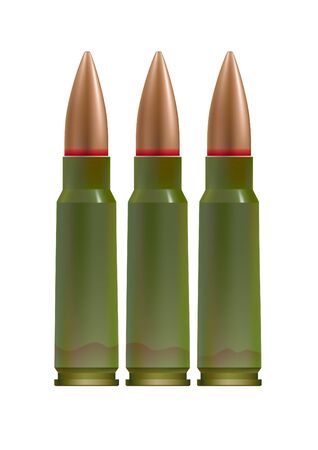Ammo cartridges. Coppered bullet in the green cases. Isolated on white.のイラスト素材