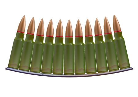 Ammo cartridges. Coppered bullet in the green cases. Isolated on white.のイラスト素材