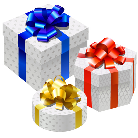 Gift boxes set. Bright gloss decor ribbon, isolated on whiteのイラスト素材