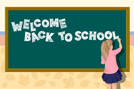 Back to school illustration. A girl near the school writes blackboard.のイラスト素材