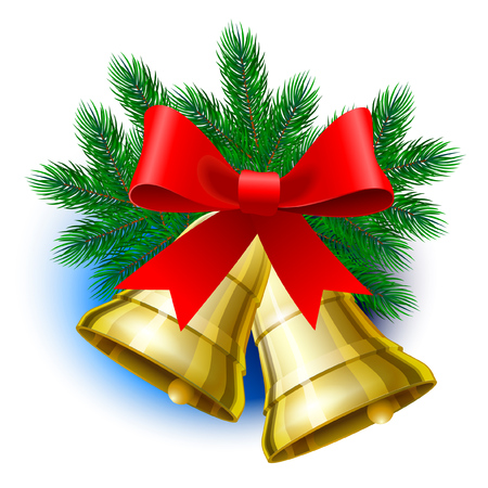 Red bow on the spruce branches with bell. Starred effect on. Christmas decoration element.のイラスト素材