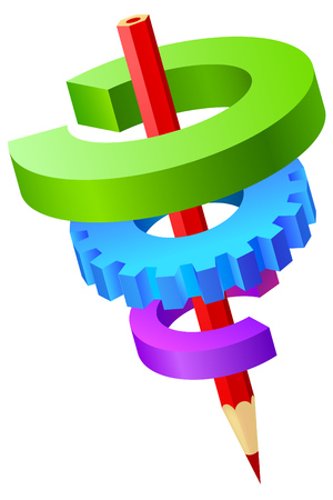Conceptual image contains the pencil and splash gears around.のイラスト素材