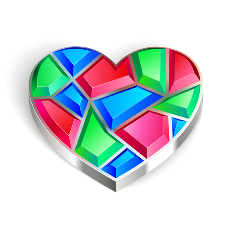 3d crystal heart shape object. Three colors, gloss polished effect on.のイラスト素材