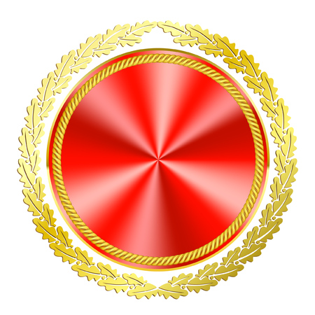 Gold plated round label in luxury style. Red gradient center for background information.のイラスト素材