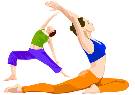 Gymnastics poses illustration. Two variations, colorful figuresのイラスト素材