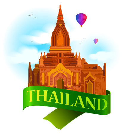 Thailand advertising label. Ancient temple, air balloons banner with lettering on.のイラスト素材