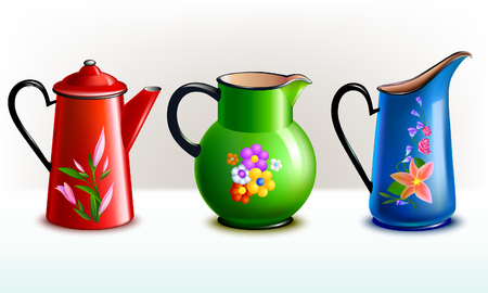 Realistic colorful jugs set, decorated with flowers.のイラスト素材