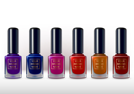 Realistic nail polish container collection. Different color gammaのイラスト素材