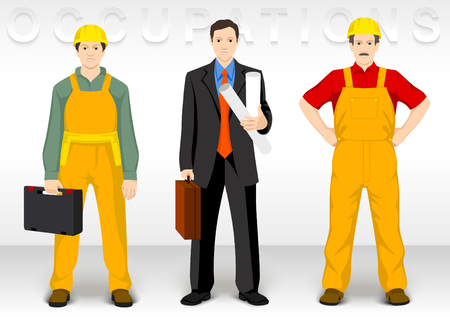 Worker Ocupation. People character icons show dress builders and foreman.のイラスト素材