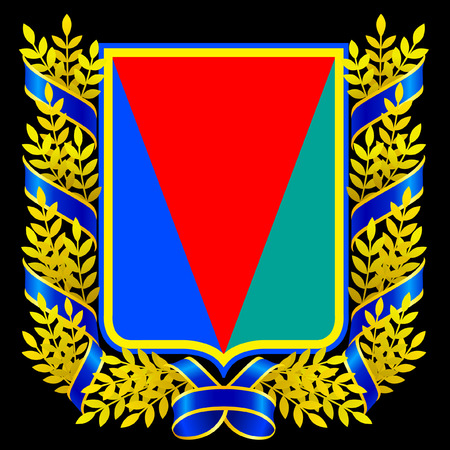 Floral emblem template. Gold leaves and ribbon are arond centered shield. Composition is on blackのイラスト素材