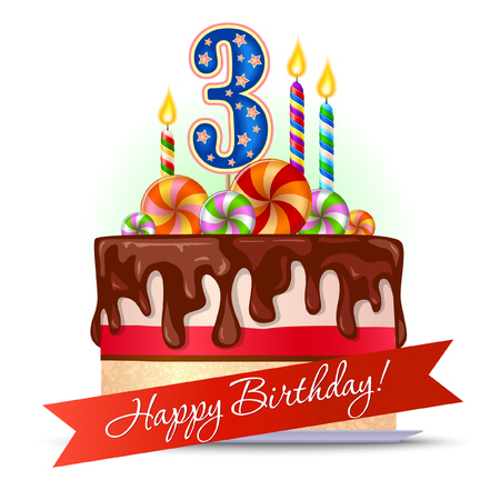 Birthday cake greeting label. Three years old. Ribbon with sign in front of.のイラスト素材
