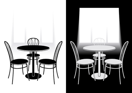Chairs and a round table. Silhouettes. White window on the backsideのイラスト素材