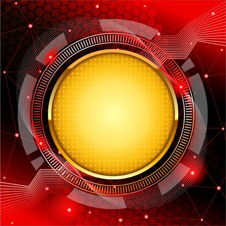 Red background with round gold plated label. Technological subject idea.のイラスト素材