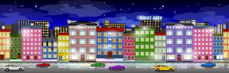 Colorful background design, urban effect, light effects on. Architecture stylized objects are on deep blue backgroundのイラスト素材