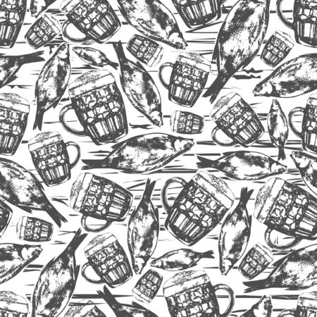 Beer party seamless pattern. Sketch hand drawn illustration.のイラスト素材