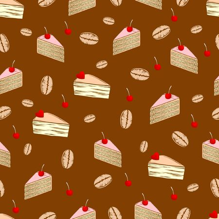 Seamless patten with cakes, berries and coffee seeds.のイラスト素材