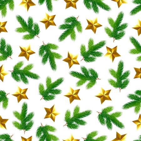 Christmas seamless background. Spruce branches and gold stars.のイラスト素材