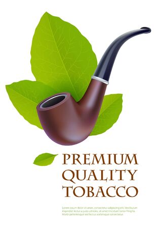 Advertising print template for premium tobacco products. Smoking pipe and green tobacco leavesのイラスト素材